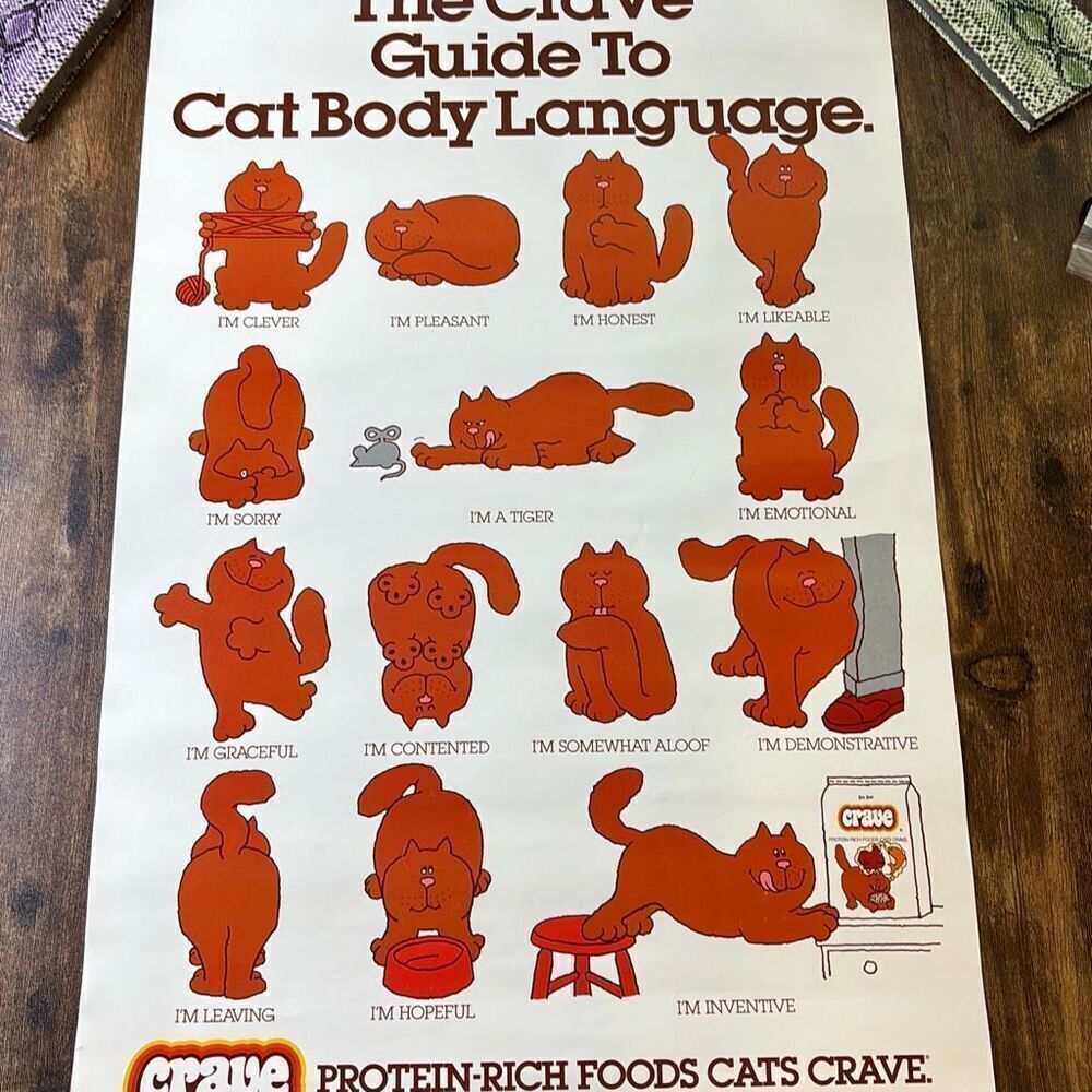 Vintage original CRAVE Cat Food full size poster advertising 1982 Kal Kan Guide